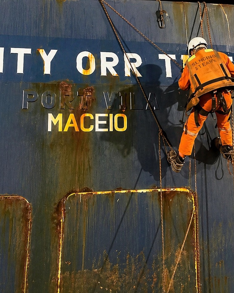 Técnico em acesso por cordas no costado de embarcação portuária