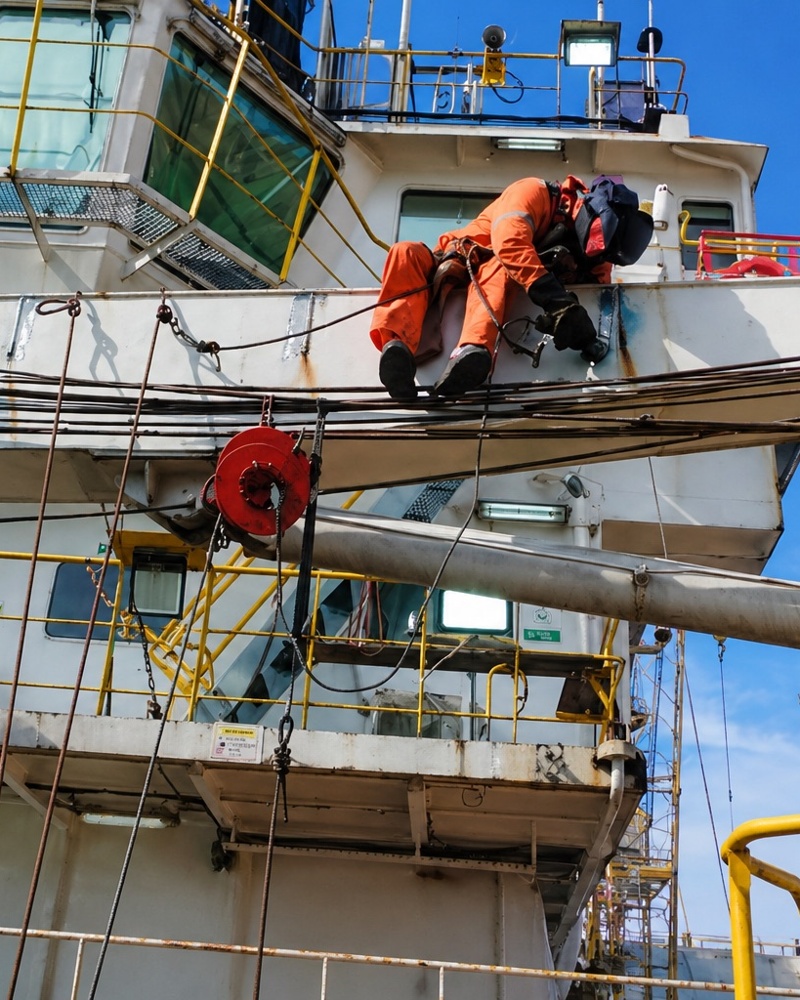 Técnico realizando manutenção em ponte de comando de embarcação