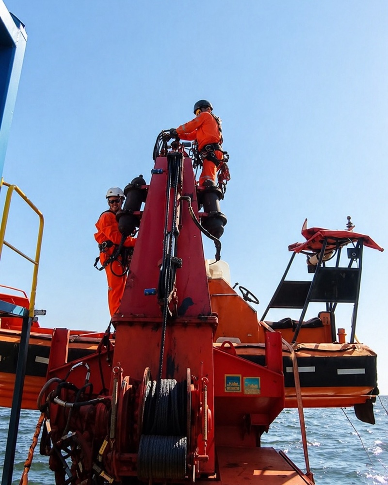 Equipe trabalhando em guindaste hidráulico de embarcação offshore